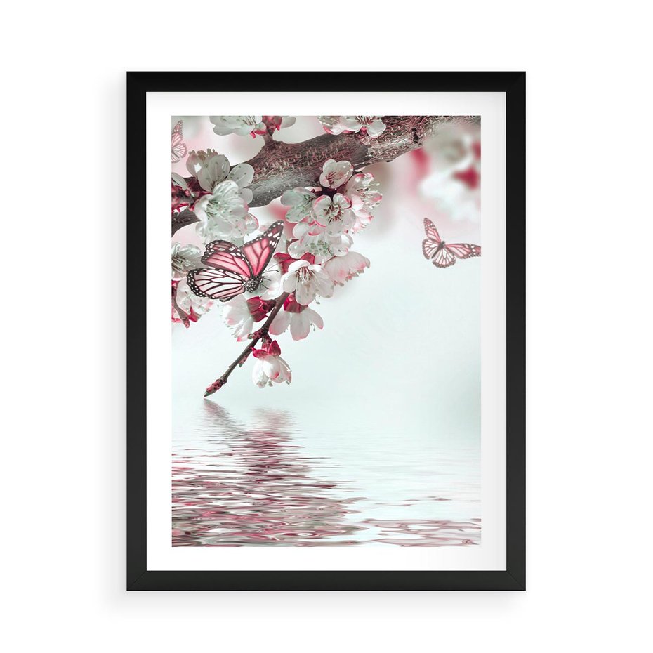 Plakat w ramie 50x70 - Kwiatowa baśń z motylami - kwiaty, motyle - rama czarna