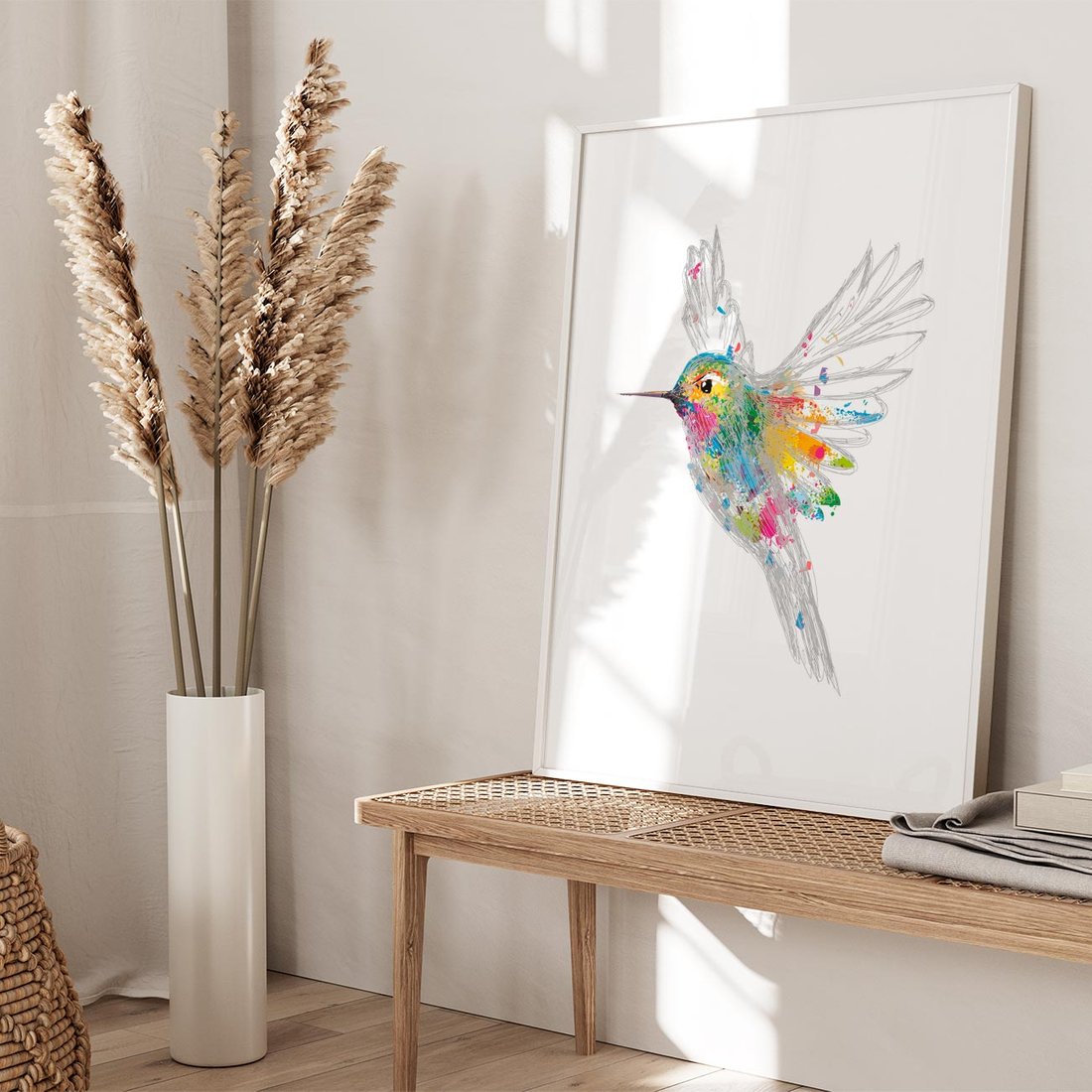 Plakat w ramie 30x40 - Koliber w akwareli - akwarela, koliber - rama biała