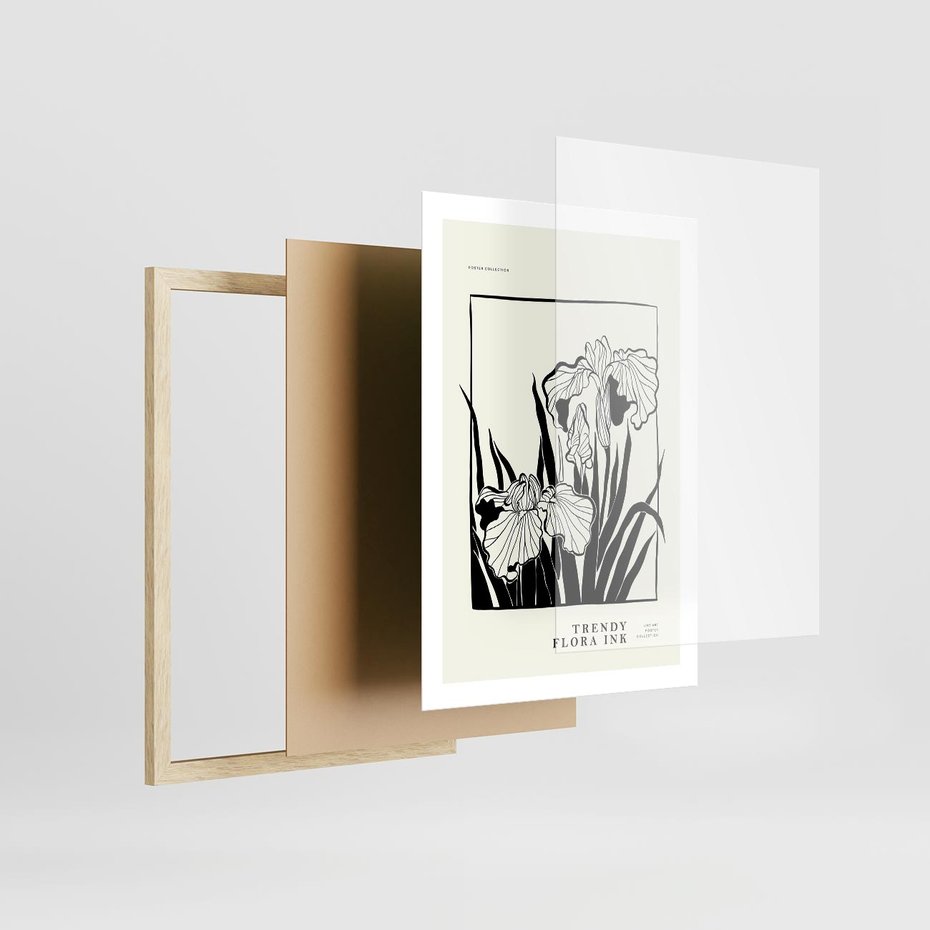 Plakat w ramie 50x70 - Spojrzenia na szkicowaną przeszłość - kwiaty, typografia - rama drewno