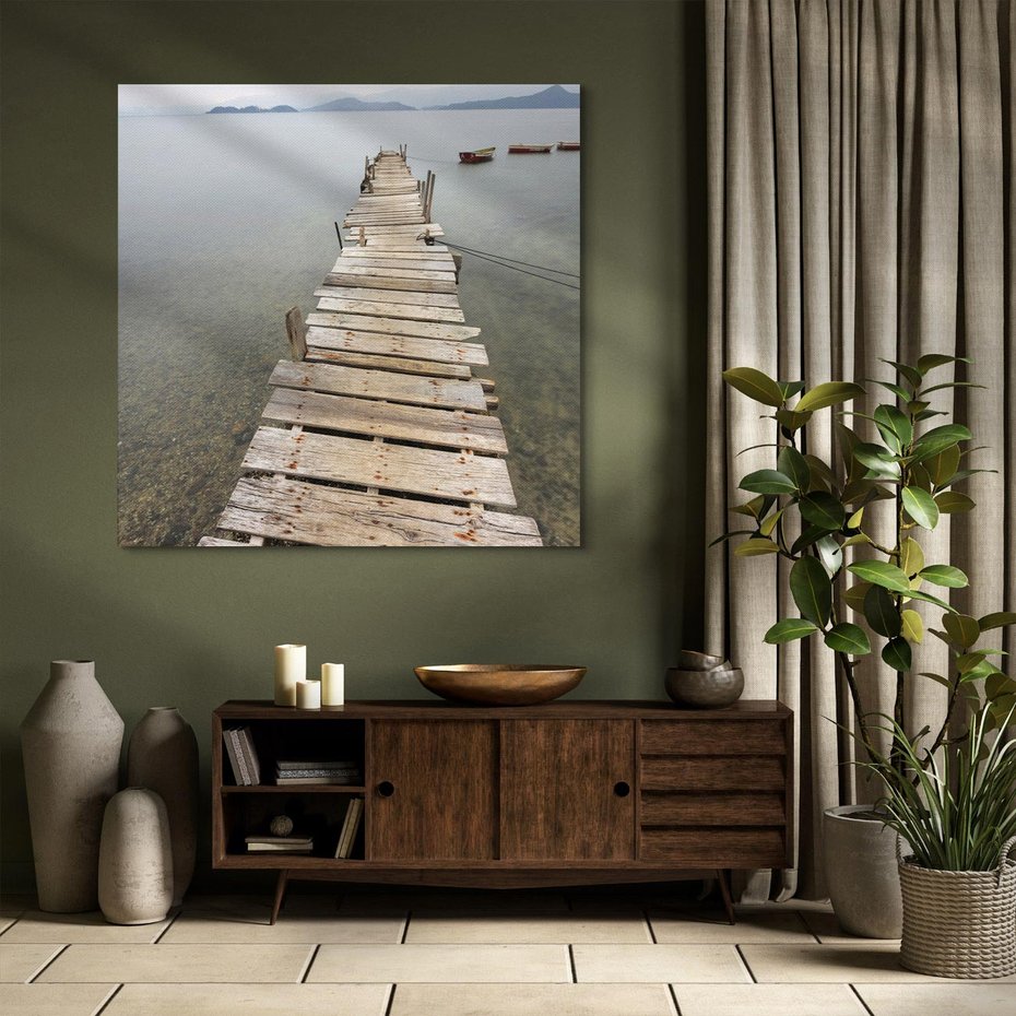 Obraz na płótnie 60x60 - Jeziorne Refleksje - pomost, jezioro