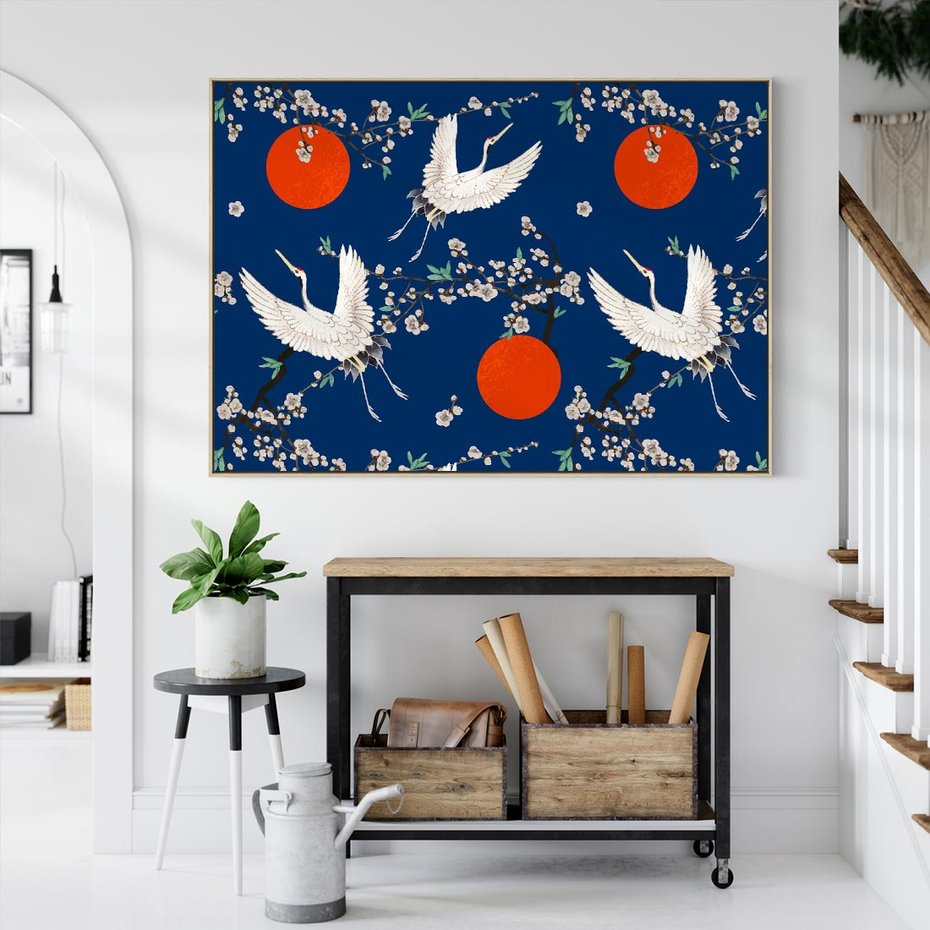 Obraz w ramie 100x70 - Japońskie Żurawie Indygo - sztuka japońska, japonia - rama drewno