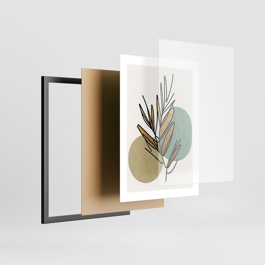 Plakat w ramie 30x40 - Migocące Ścieżki Wizji - abstrakcyjny obraz boho, liście - rama czarna