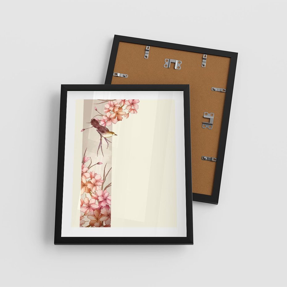 Plakat w ramie 40x50 - Rozkwitające Marzenia - japońska sztuka, ptak - rama czarna