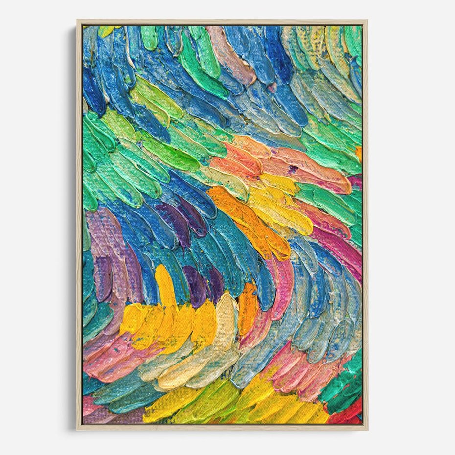 Obraz w ramie 50x70 - Egzotyczne Pióra - abstrakcyjne dzieło, farby olejne - rama drewno