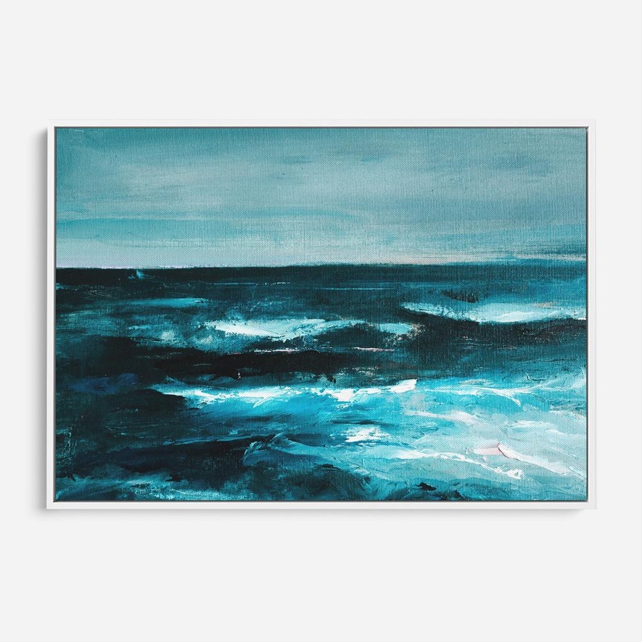 Obraz w ramie 120x80 - Burza Nad Granatowym Oceanem - piękny marynistyczny obraz olejny, wzburzone ciemne morze - rama biała