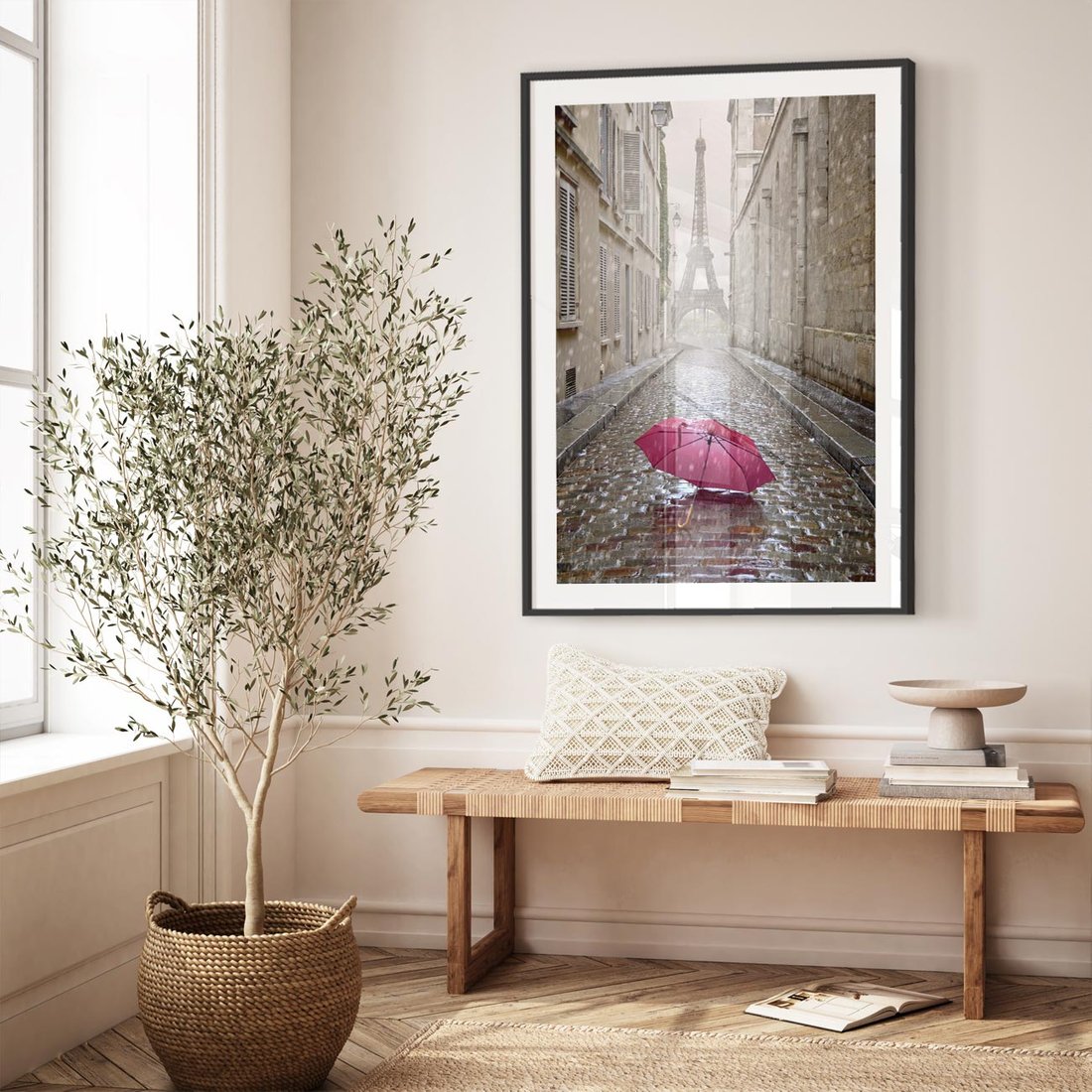 Plakat w ramie 50x70 - Francuska elegancja pod parasolem - Francja, parasol - rama czarna