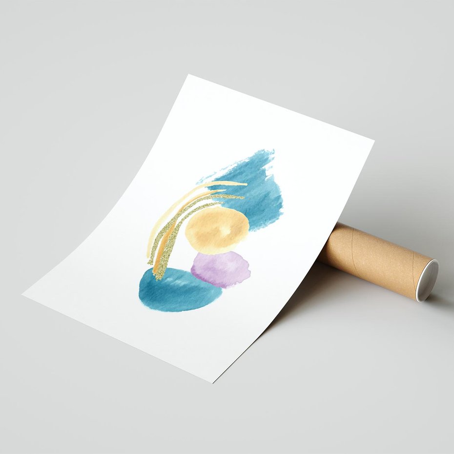 Plakat bez ramy 30x40 - Migocące Barwy Akwarel - akwarelowe plamy w odcieniach błękitu, złote kreski