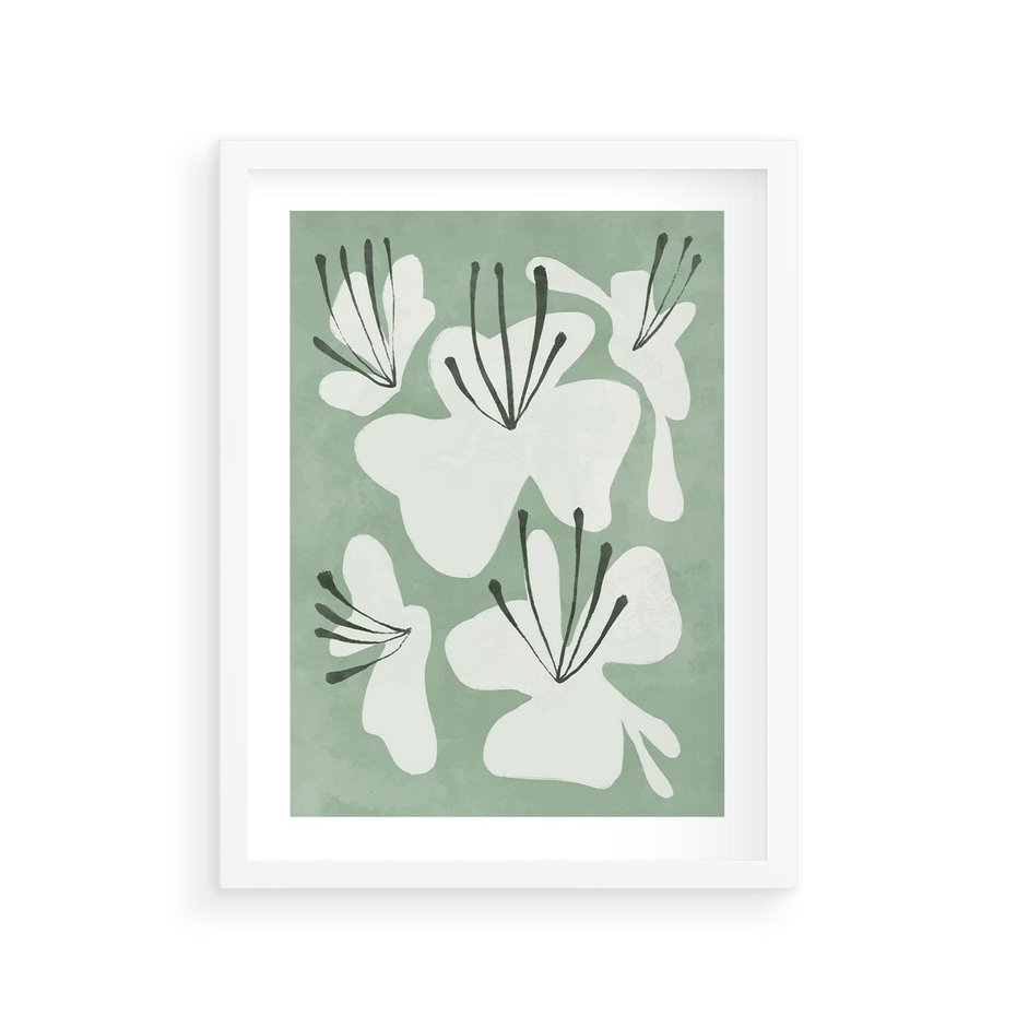 Plakat w ramie 30x40 - Rozkwitające Ukojenie - zgaszona zieleń, kwiaty - rama biała