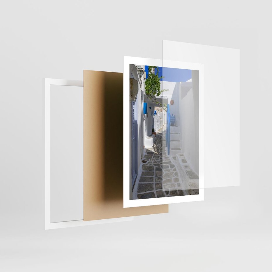 Plakat w ramie 50x70 - Uroki Santorini: Perspektywiczna Uliczka - uliczka, perspektywa - rama biała