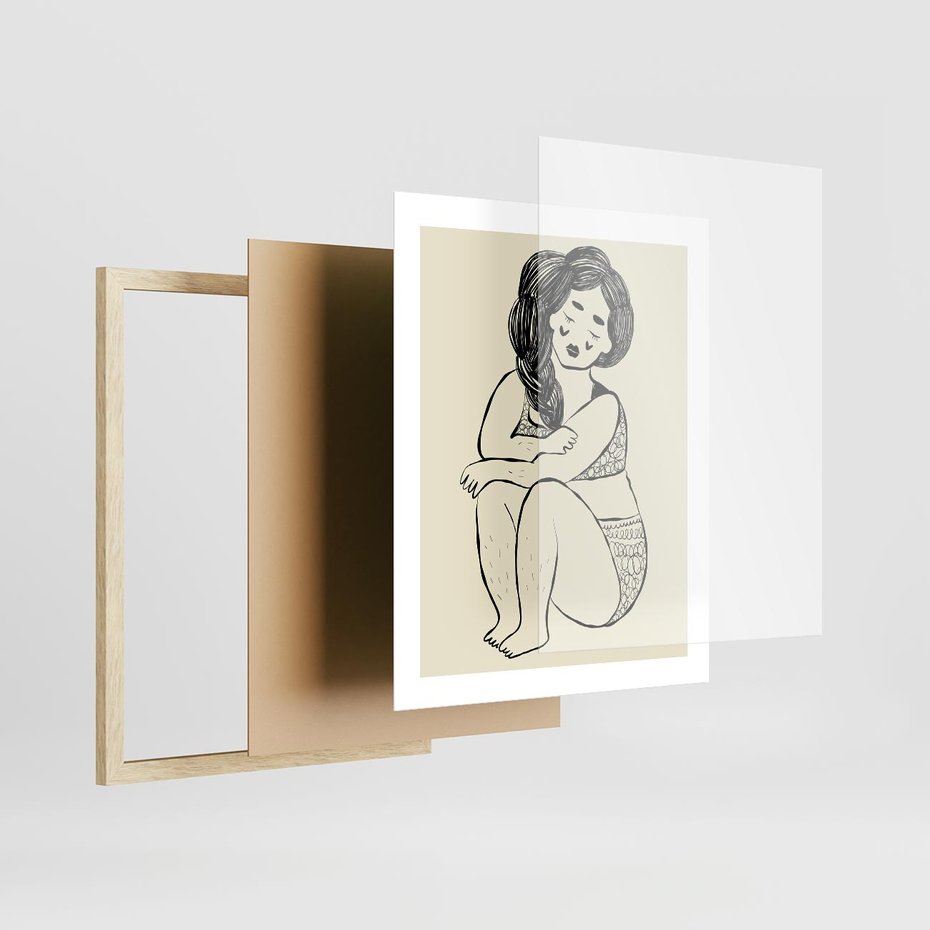 Plakat w ramie 40x50 - Migotliwe Refleksje - nowoczesny minimalistyczny rysunek, dziewczyna w bieliźnie - rama drewno