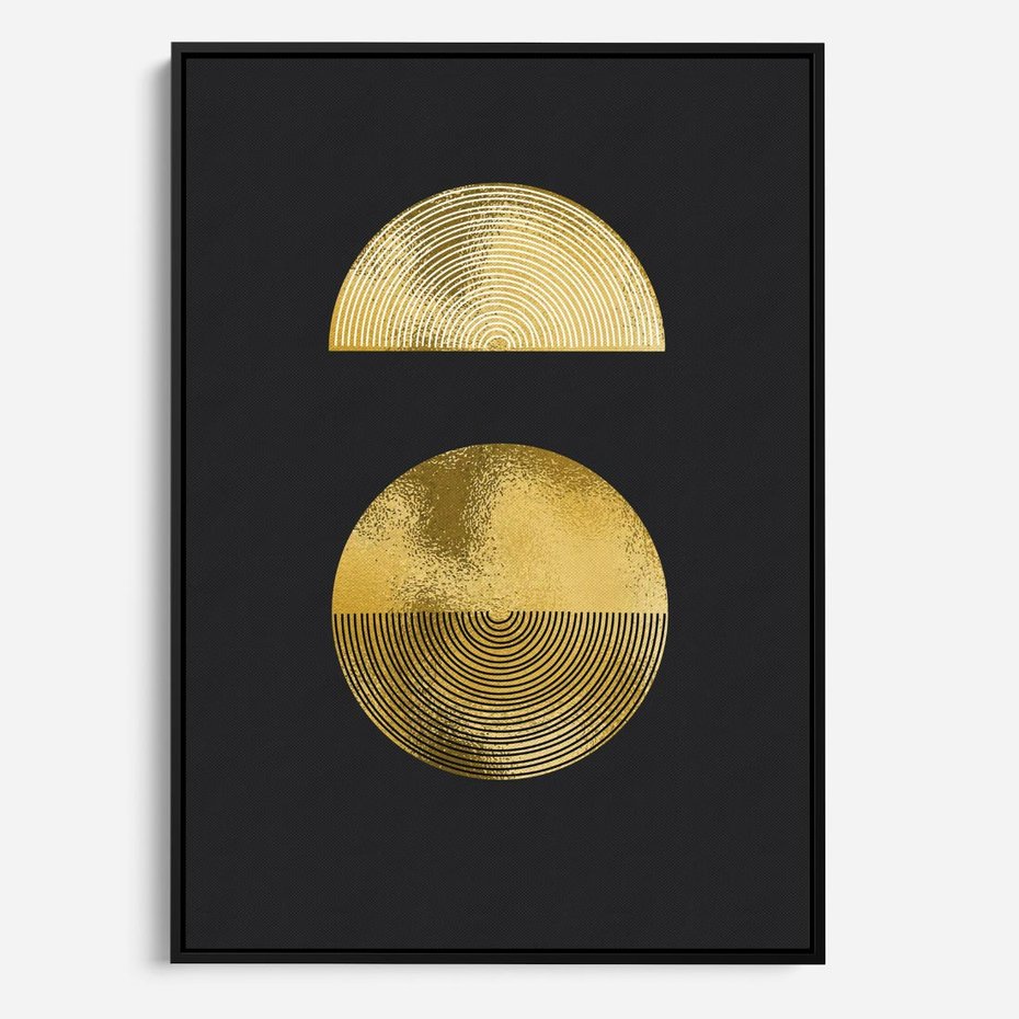 Obraz w ramie 70x100 - Migotliwe Przeniknięcia - złote koła, czarne tło - rama czarna