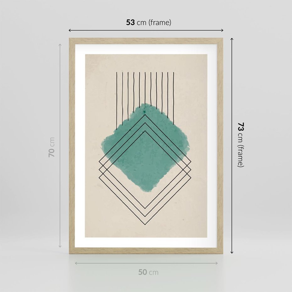 Plakat w ramie 50x70 - Impresje Przestrzeni - akwarelowa plama, geometryczne szkicowane kształty - rama drewno