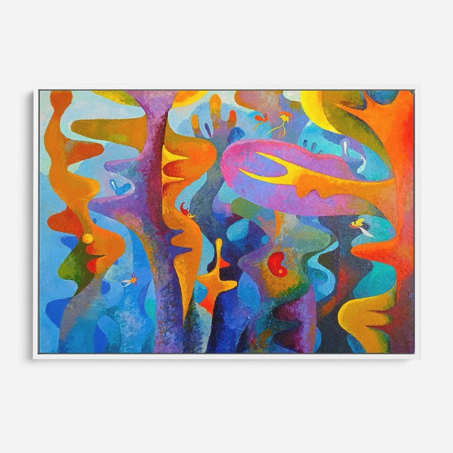 Obraz w ramie 120x80 - Płomienne Tańce Abstrakcji - energetyczna abstrakcja, dziwne formy - rama biała