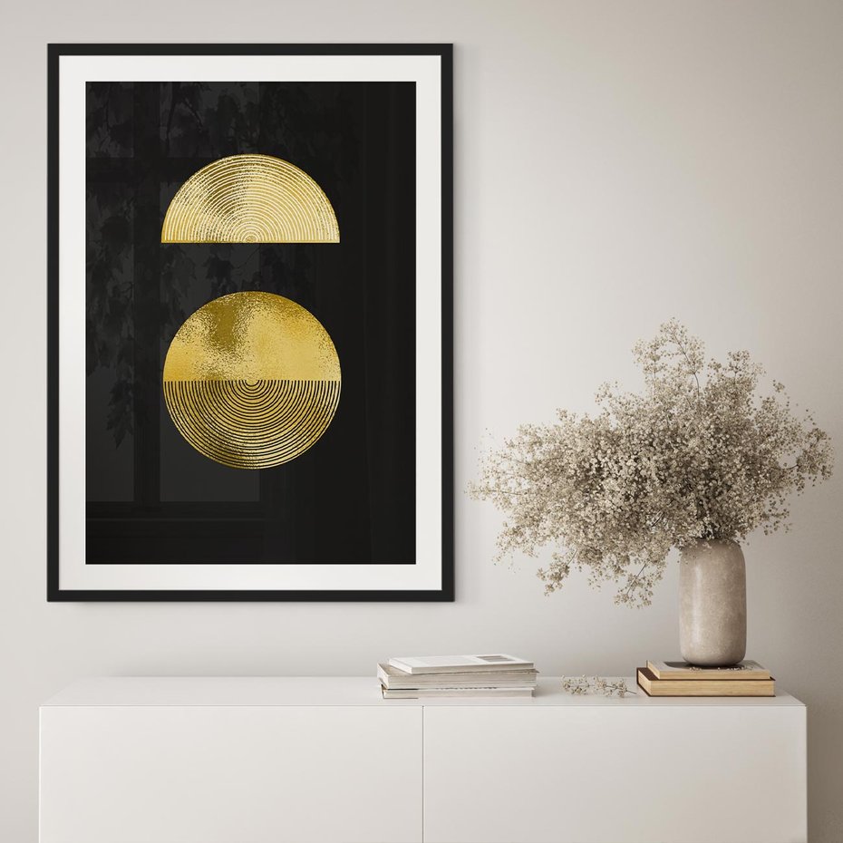 Plakat bez ramy 21x30 - Migotliwe Przeniknięcia - złote koła, czarne tło