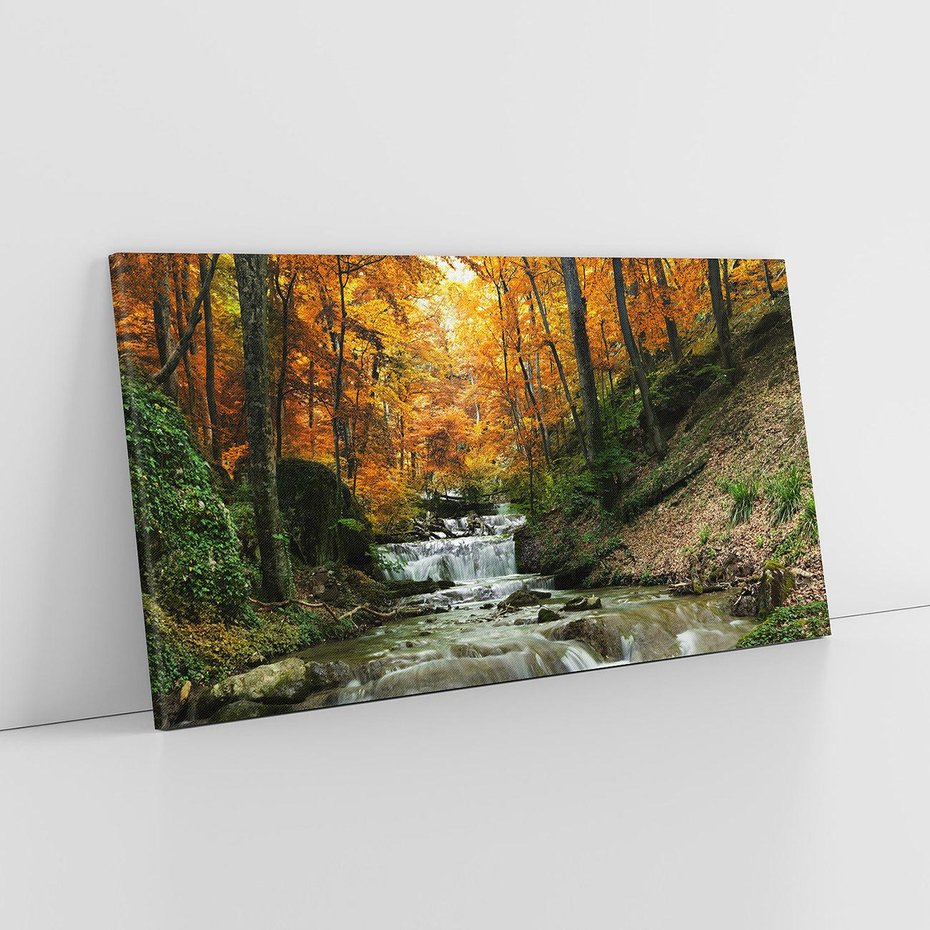 Obraz na płótnie 120x60 - Urok lasu: drzewa i strumyk w harmonii - las, drzewa