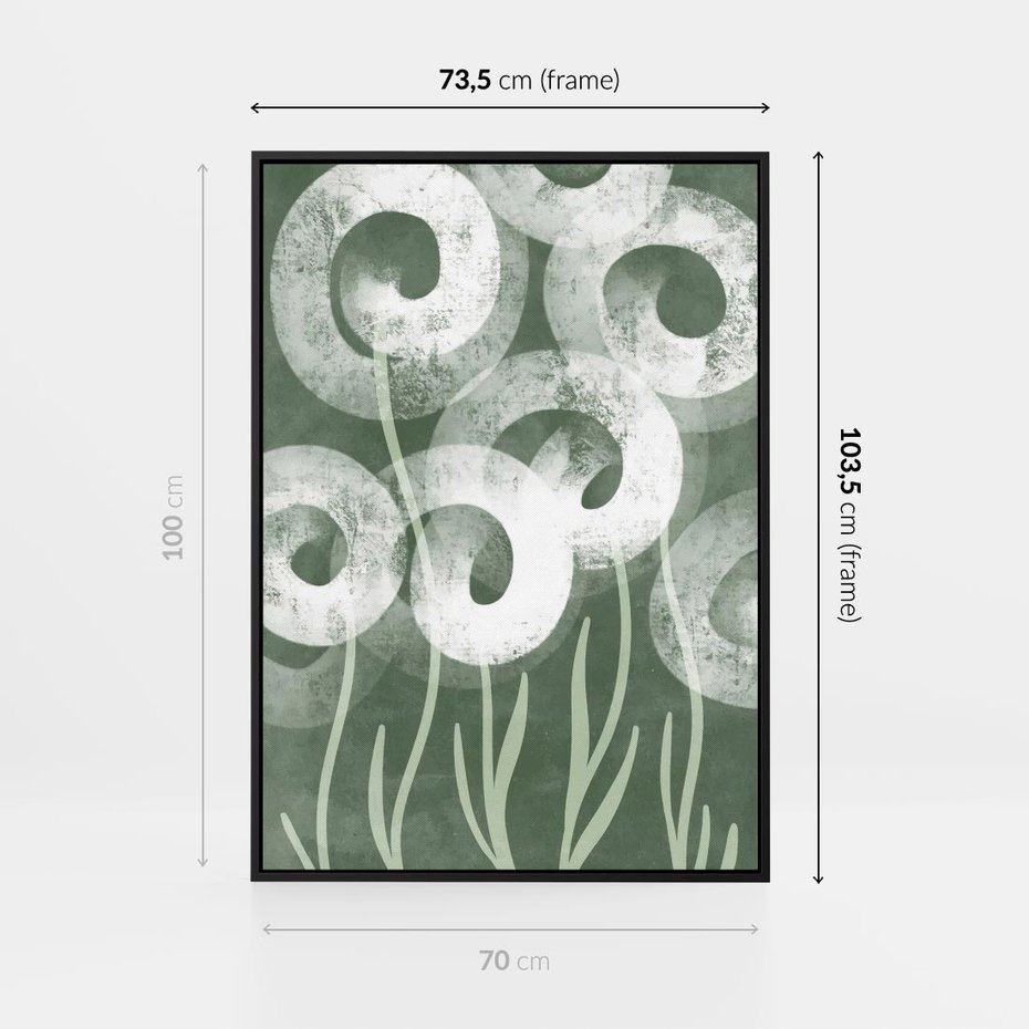Obraz w ramie 70x100 - Spokojne Plamy Natury - zielony plakat, roślinne motywy - rama czarna