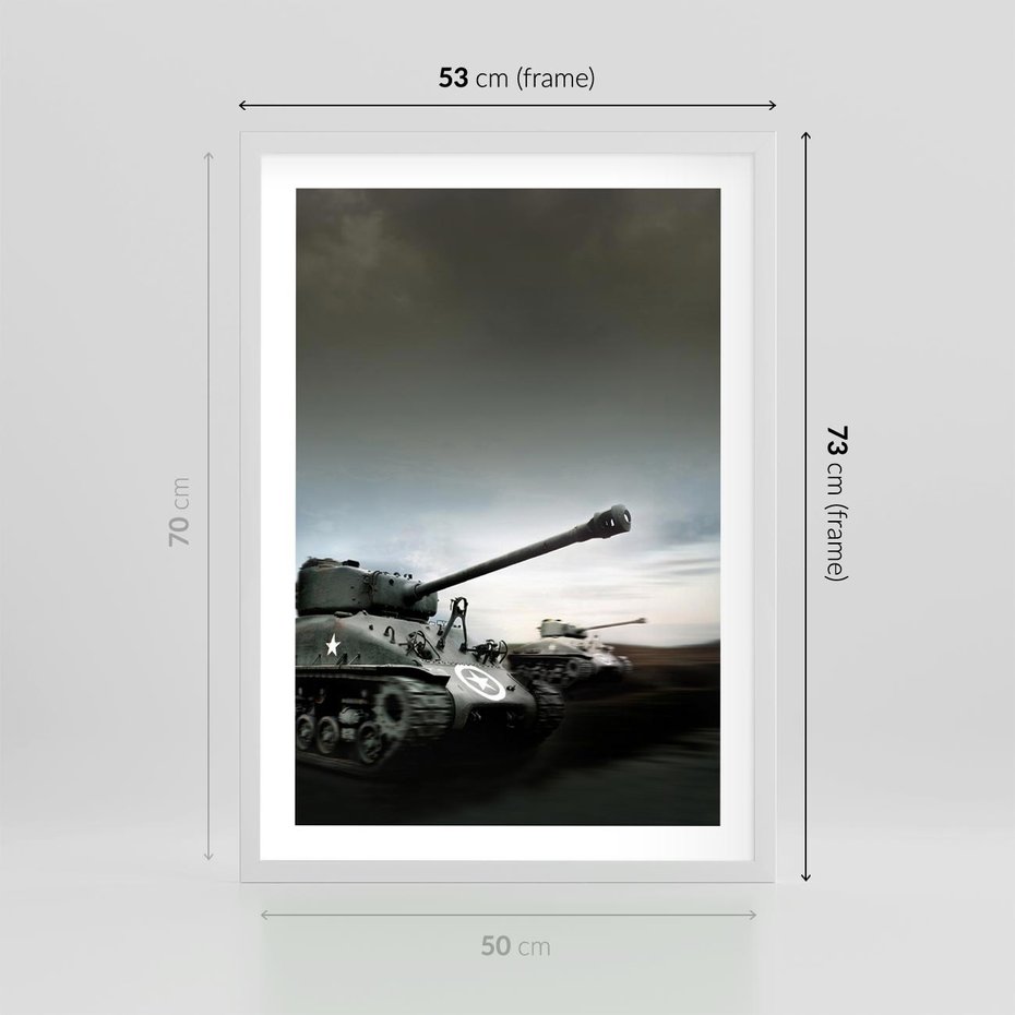 Plakat w ramie 50x70 - Siła i determinacja: czołgi wojenne - czołgi, wojna - rama biała