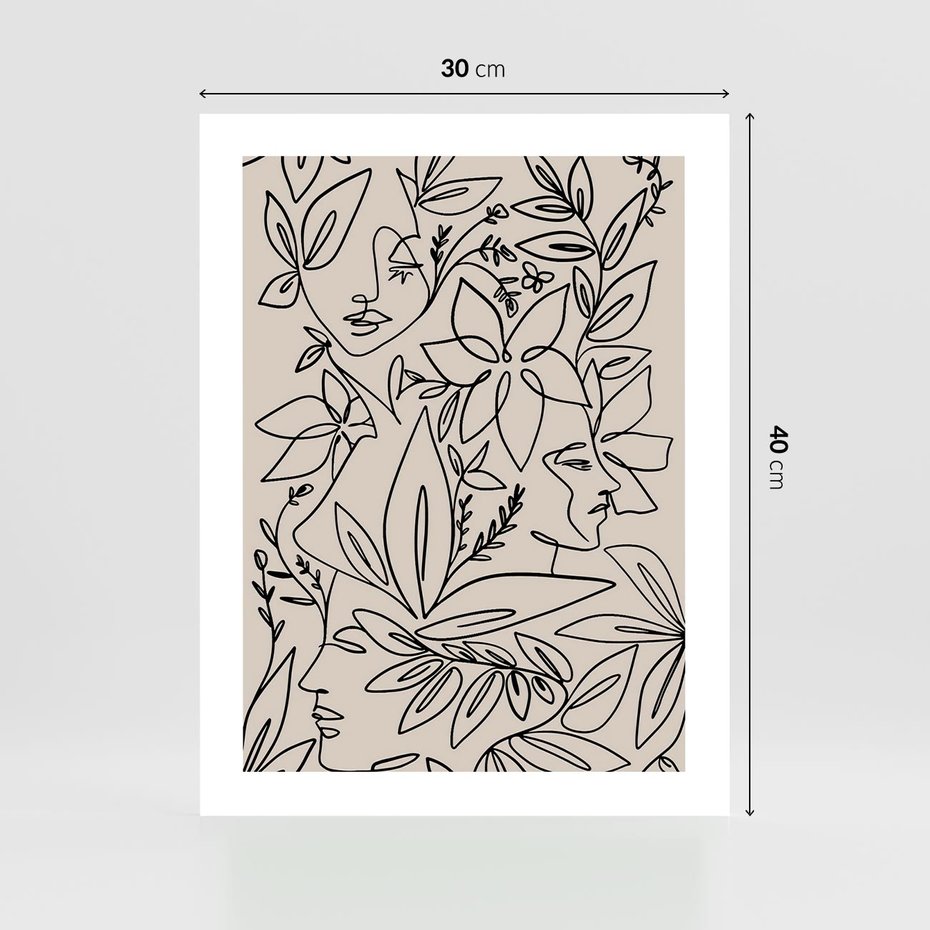 Plakat bez ramy 30x40 - Kobiecy Portret Duszy - beżowe tło, czarny szkic nowoczesnych kwiatów