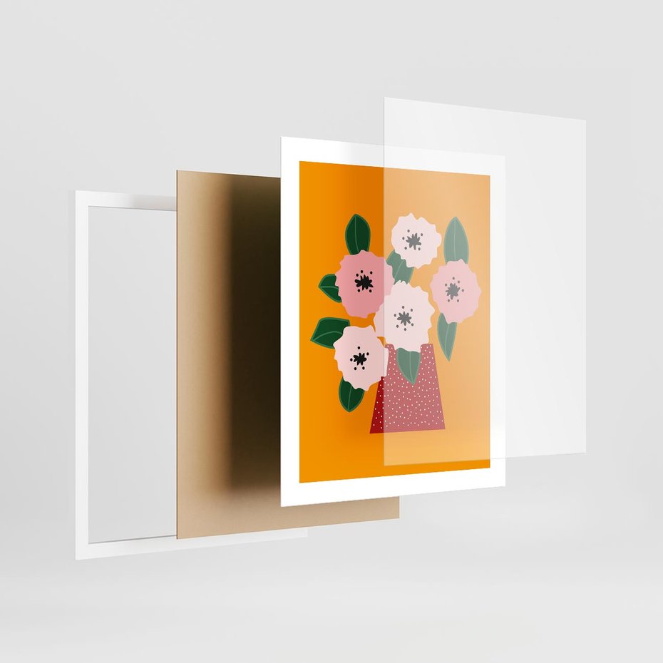 Plakat w ramie 40x50 - Harmonijne Granice - abstrakcyjne kwiaty, żółte tło - rama biała