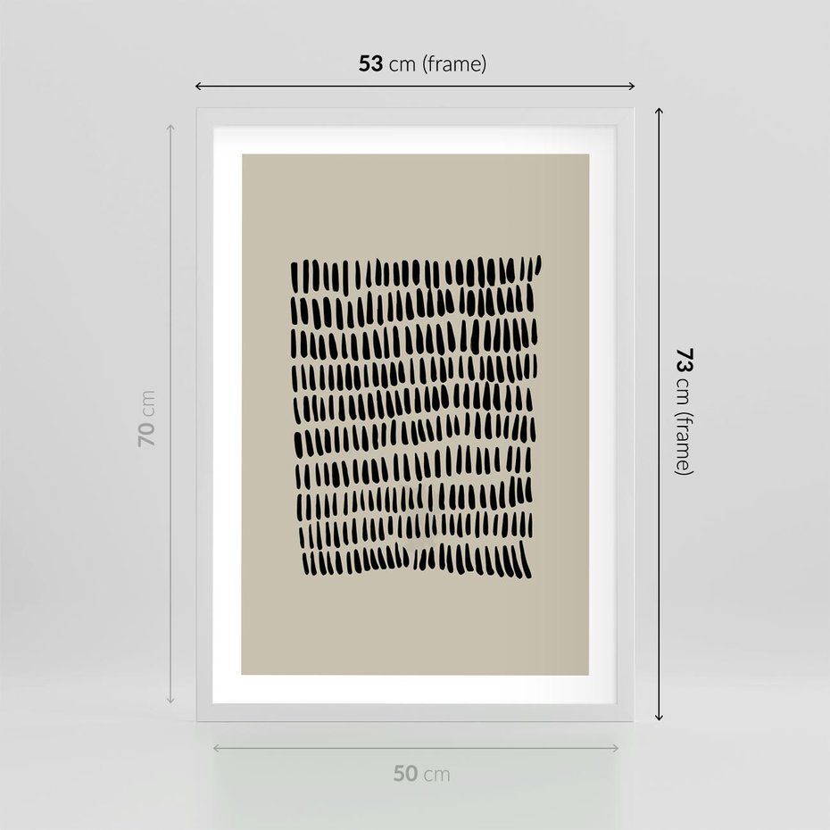 Plakat w ramie 50x70 - Energetyczne Pulsacje Nowości - boho plakat, czarne kropki kreski - rama biała