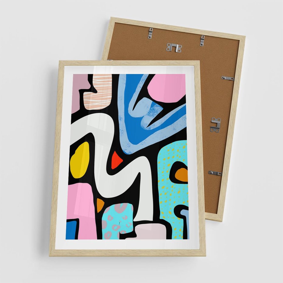 Plakat w ramie 50x70 - Komiksowe Formy - abstrakcyjne formy, komiksowy styl - rama drewno
