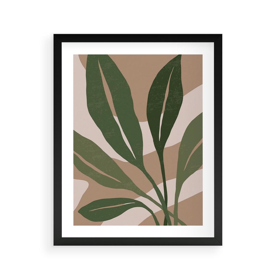 Plakat w ramie 40x50 - Nowoczesność Natury: Plakat z Zielonymi Liśćmi - nowoczesny plakat, beż - rama czarna