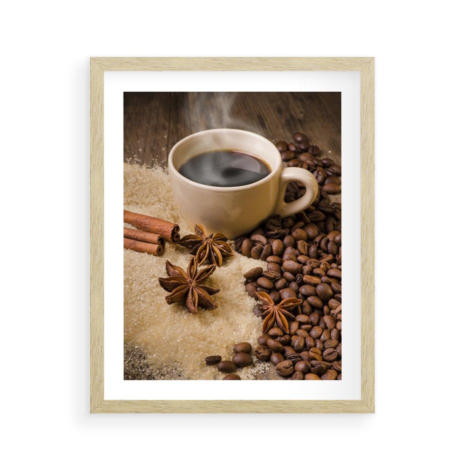 Plakat w ramie 40x50 - Kawowa filiżanka pełna aromatu - kawa, filiżanka - rama drewno