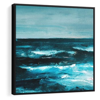 Obraz w ramie 50x50 - Burza Nad Granatowym Oceanem - piękny marynistyczny obraz olejny, wzburzone ciemne morze - rama czarna