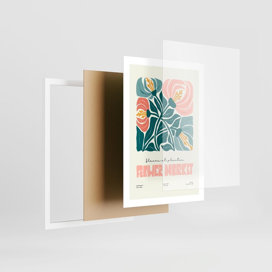 Plakat w ramie 50x70 - Taniec Kształtów - kwiaty, abstrakcyjna kompozycja - rama biała