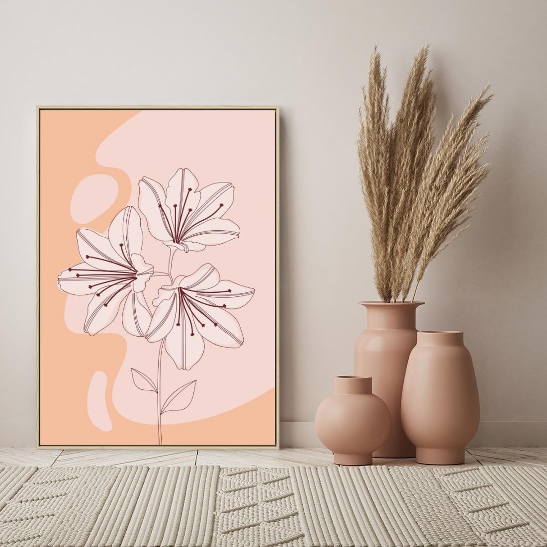 Obraz w ramie 80x120 - Kwiatowa Harmonia - minimalistyczny plakat, pudrowe kwiaty - rama drewno