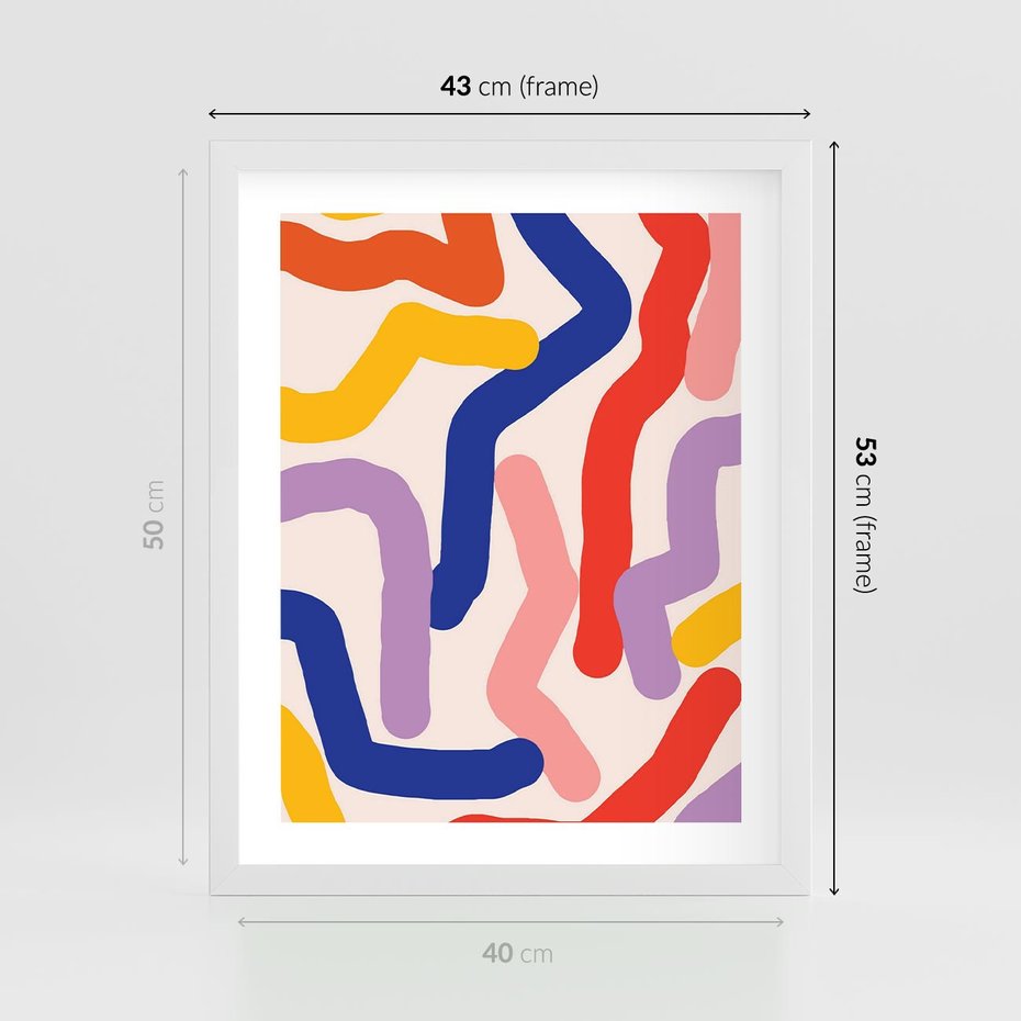 Plakat w ramie 40x50 - Abstrakcyjne Dialogi - abstrakcyjny kolorowy obraz, kolorowe linie - rama biała