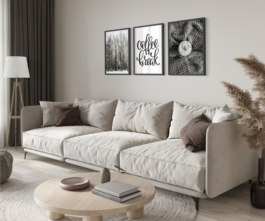 Zestaw obrazy w ramie 30x40 galeria - Kawa, las, zima, przytulnie - rama czarna