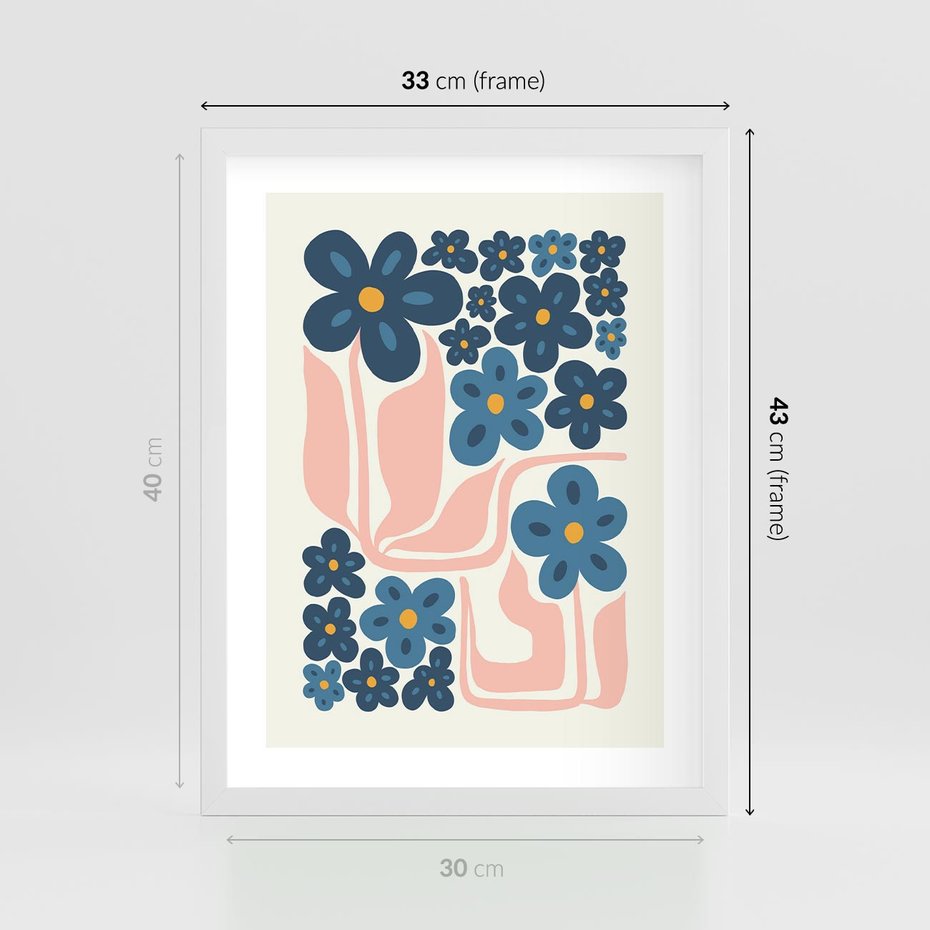 Plakat w ramie 30x40 - Niebieskie Refleksje - niebieskie kwiaty, niezapominajki - rama biała