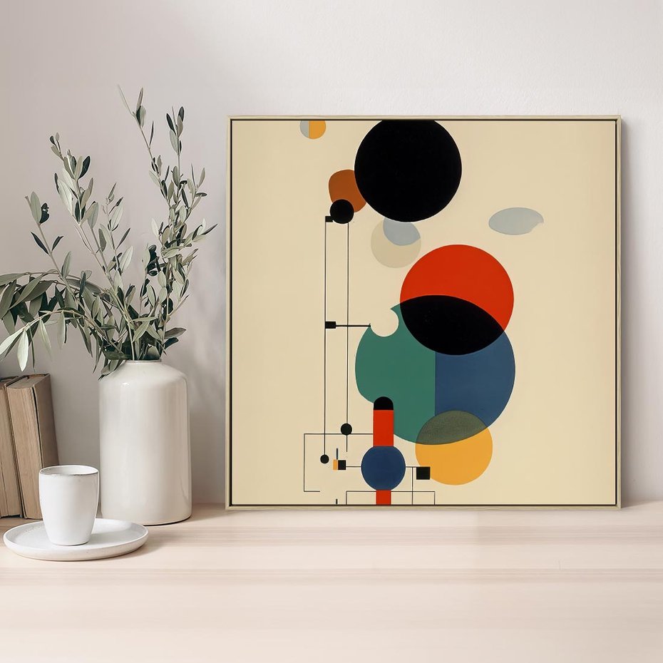 Obraz w ramie 80x80 - Migocące Impresje Odniesień - abstrakcyjna geometryczna kompozycja, koła linie - rama drewno