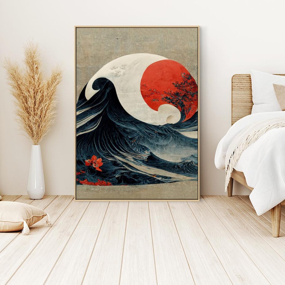 Obraz w ramie 70x100 - Requiem dla marzeń - sztuka japońska, fale oceanu - rama drewno