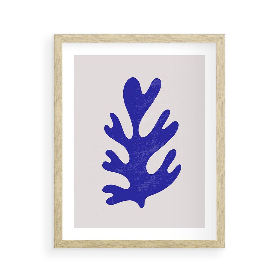 Plakat w ramie 40x50 - Przenikająca Struktura - boho plakat, niebieski liść w intensywnym kolorze - rama drewno