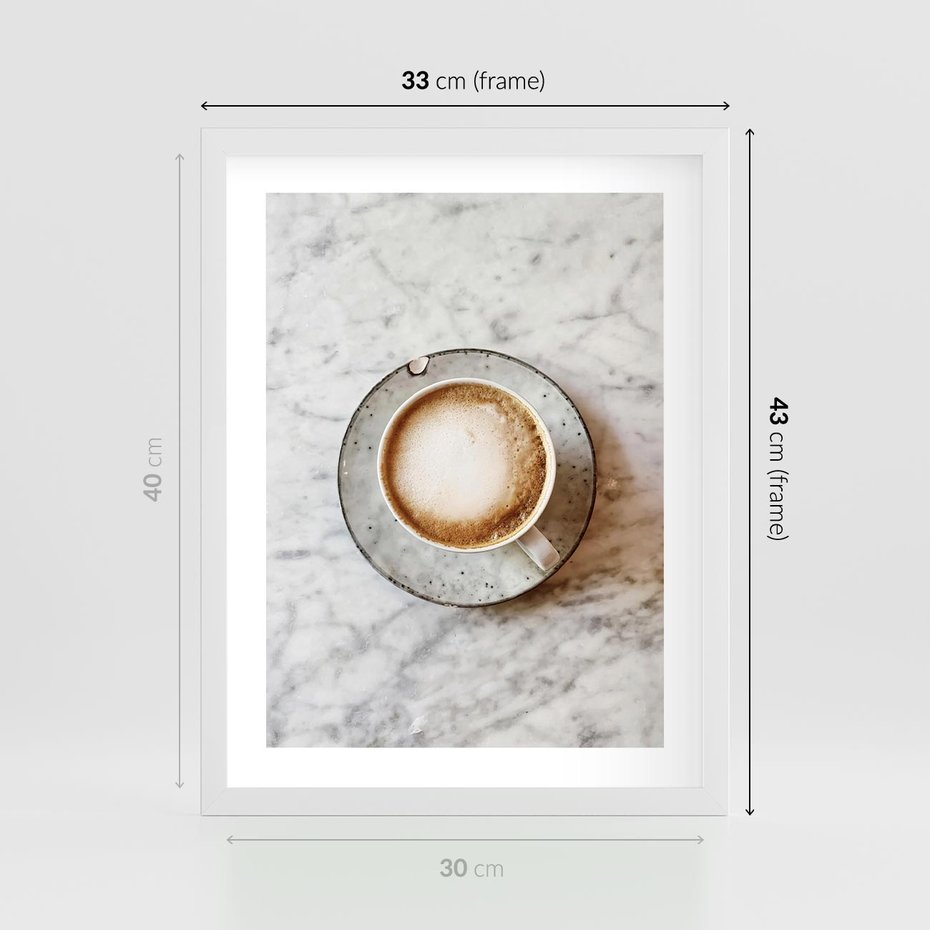 Plakat w ramie 30x40 - Kawa w Perfekcji - kawa w filiżance, cappuccino - rama biała