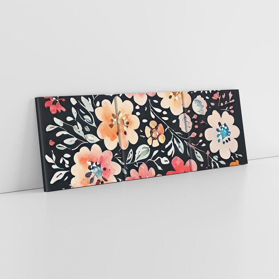 Obraz na płótnie 150x50 - Labirynty melancholii - akwarelowe, pastelowe kwiaty na czarnym tle