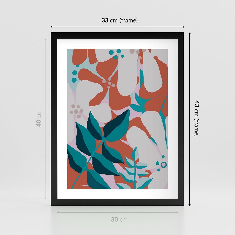 Plakat w ramie 30x40 - Harmonijne Formy - abstrakcyjna kompozycja kwiatowych form, kolor zgaszone - rama czarna