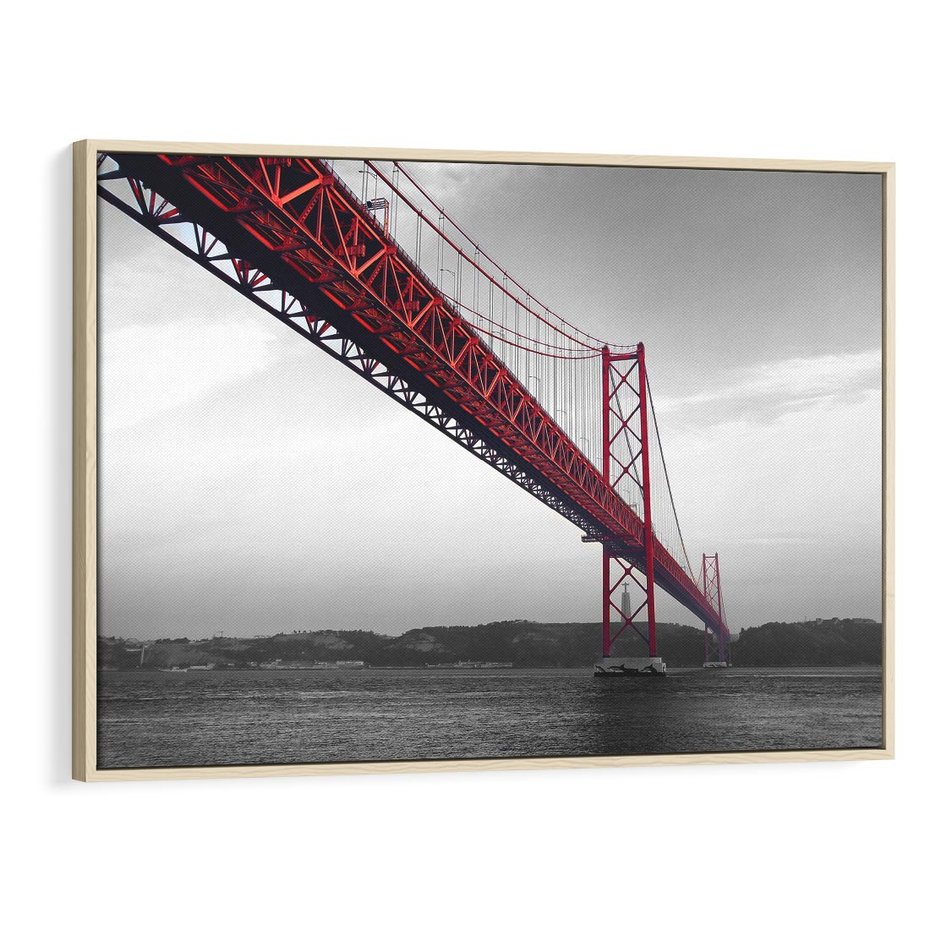 Obraz w ramie 70x50 - Majestatyczny Most - czarno biała fotografia, czerwony stalowy most nad rzeką - rama drewno