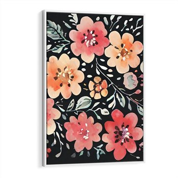 Obraz w ramie 70x100 - Labirynty melancholii - akwarelowe, pastelowe kwiaty na czarnym tle - rama biała