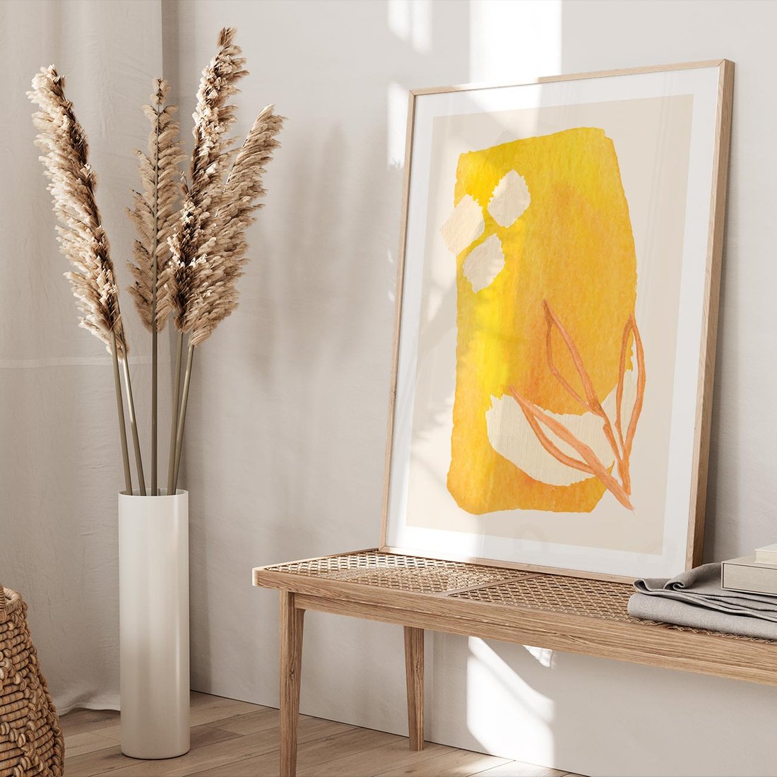 Plakat w ramie 30x40 - Kolorowe Marzenia - abstrakcyjna żółta plama, akwarela - rama drewno