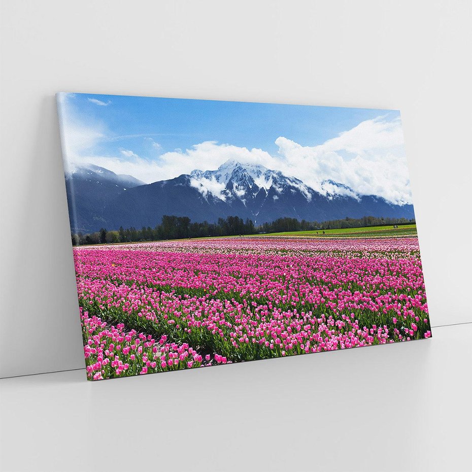 Obraz na płótnie 120x80 - Tulipany w malowniczym krajobrazie" - tulipany, krajobraz