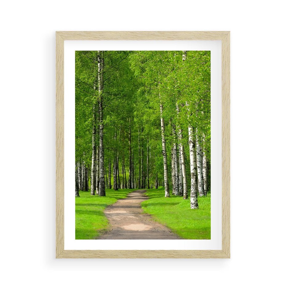 Plakat w ramie 50x70 - Spacer Ścieżką w Urokliwym Lesie - las, ścieżka - rama drewno