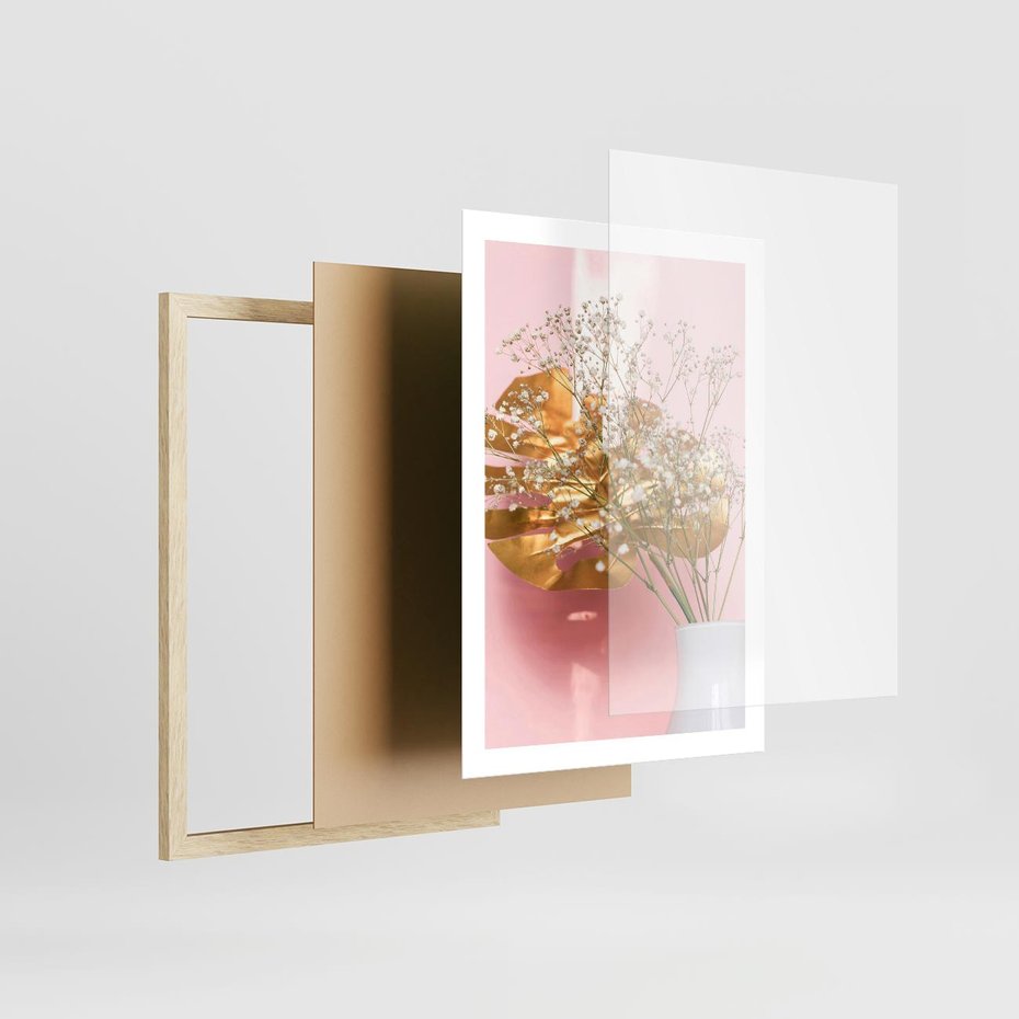 Plakat w ramie 50x70 - Złoty Akcent - złoty liść montery, gipsówka - rama drewno