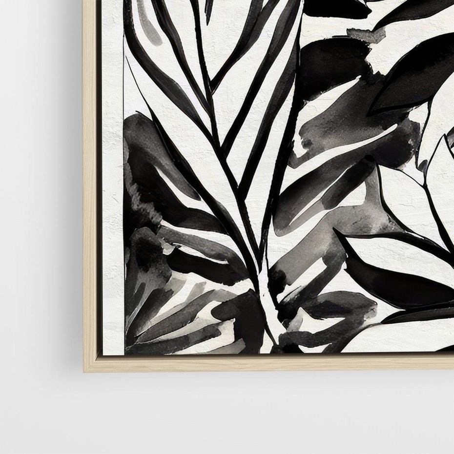 Obraz w ramie 50x50 - Czarne Liście - akwarelowy obraz, czarno biały - rama drewno