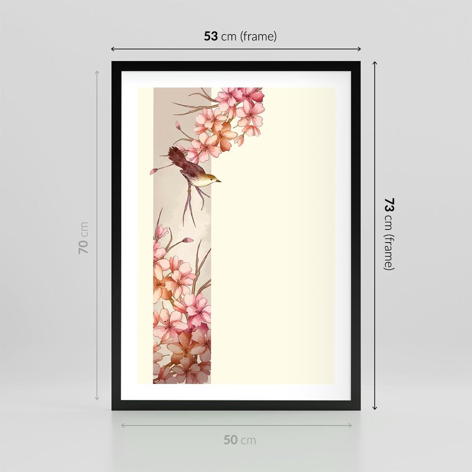 Plakat w ramie 50x70 - Rozkwitające Marzenia - japońska sztuka, ptak - rama czarna