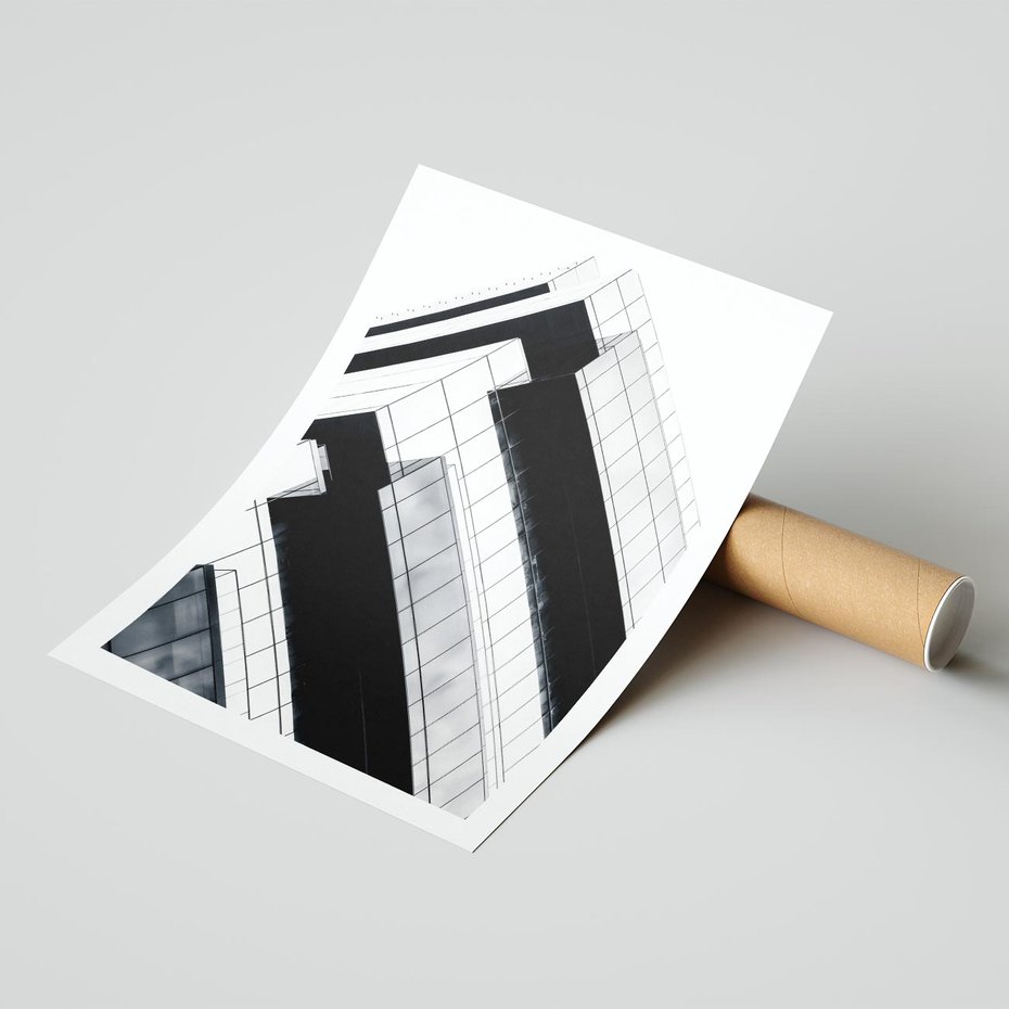 Plakat bez ramy 40x50 - Nowoczesna Surowość: Wieżowiec na Czarno-Białej Grafice - architektura, wieżowiec