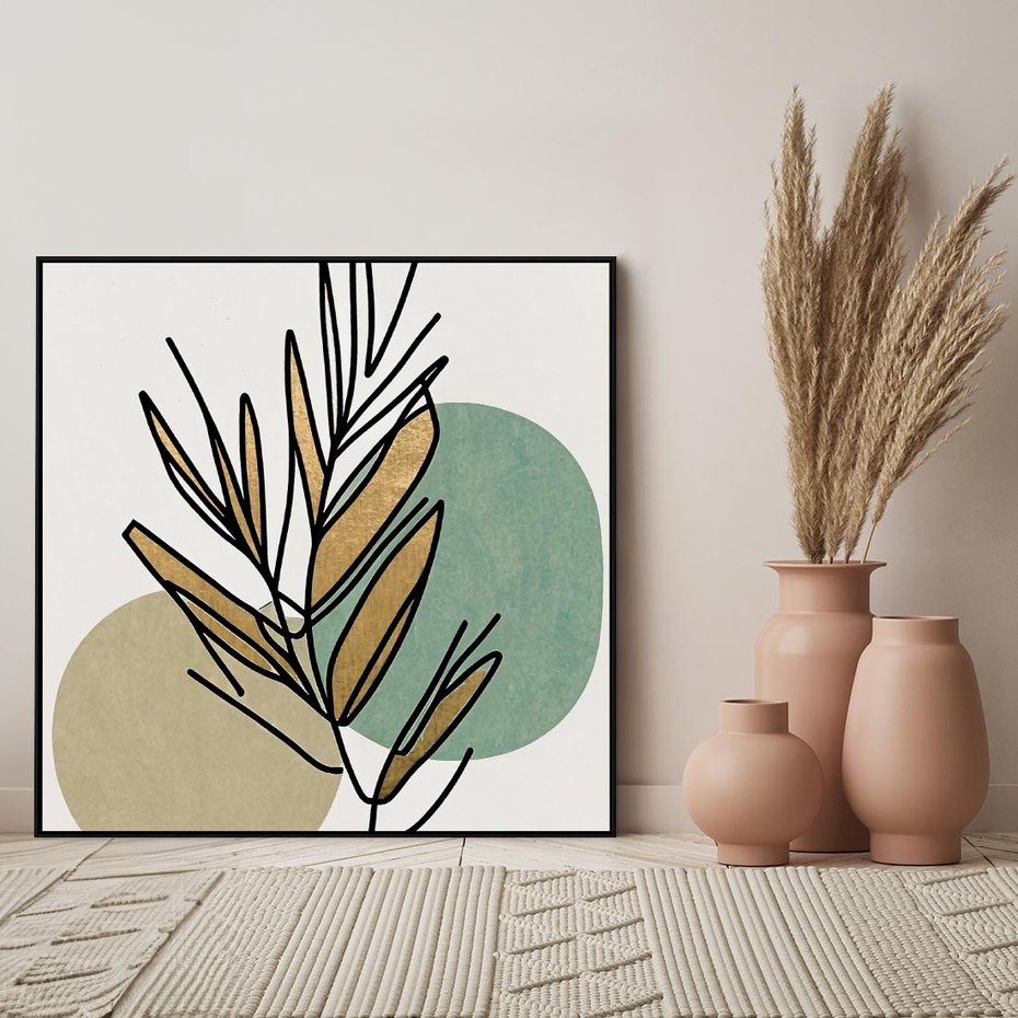 Obraz w ramie 50x50 - Migocące Ścieżki Wizji - abstrakcyjny obraz boho, liście - rama czarna