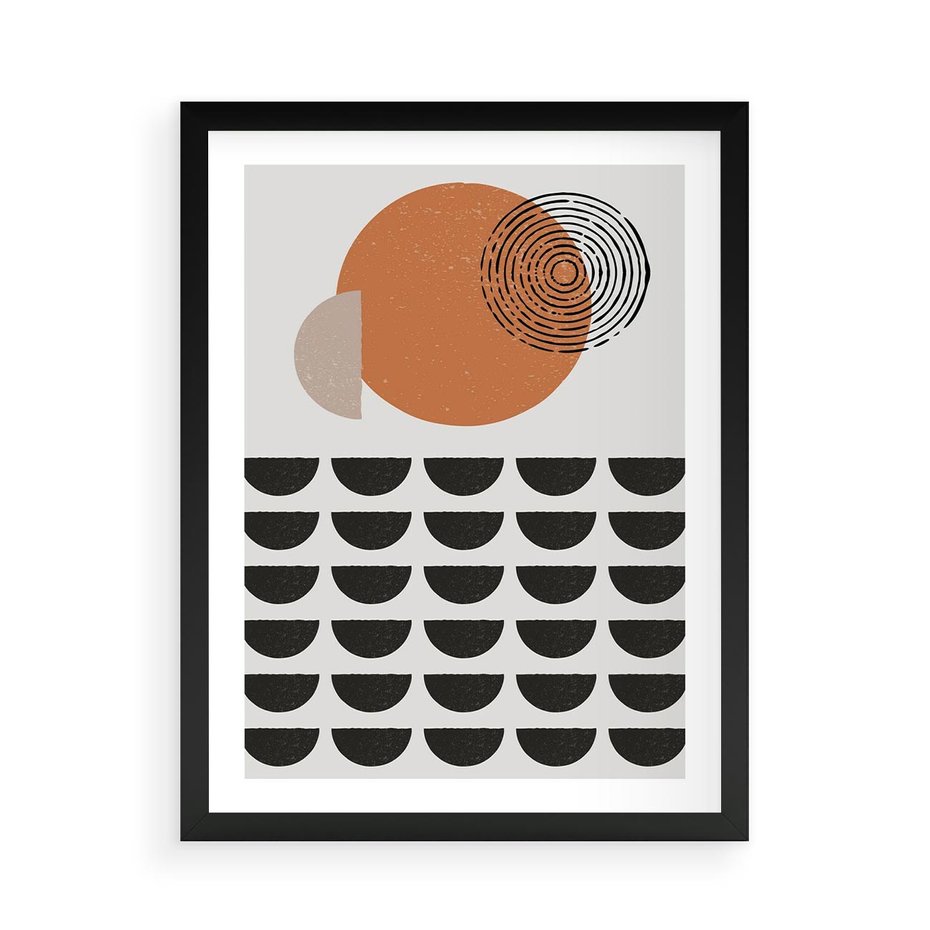 Plakat w ramie 50x70 - Geometryczna Ekspresja - geometryczny graficzny obraz, pomarańczowe koło - rama czarna